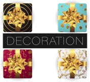 Collection of vector realistic square gift box with bow and ribbon, patterns, flat lay top view stock illustration Collection of vector realistic square gift box with bow and ribbon, patterns, flat lay top view stock illustration