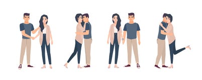 Collection of young couple standing in various poses. Bundle of man and woman embracing, hugging, holding hands. Set of stock illustration Collection of young couple standing in various poses. Bundle of man and woman embracing, hugging, holding hands. Set of stock illustration