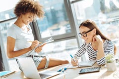 Collègues féminins positifs travaillant ensemble dans le bureau Photographie stock