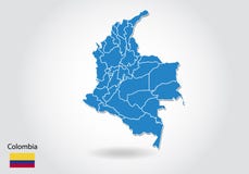 Colombia map design with 3D style. Blue colombia map and National flag. Simple vector map with contour, shape, outline, on white vector illustration Colombia map design with 3D style. Blue colombia map and National flag. Simple vector map with contour, shape, outline, on white vector illustration