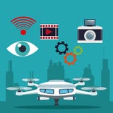 Color background silhouette buildings and modern white drone with pair of teelscope and icons set tech robot stock illustration Color background silhouette buildings and modern white drone with pair of teelscope and icons set tech robot stock illustration