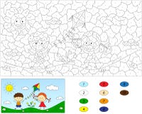 Color By Number Educational Game For Kids. A Boy And A Girl Play Royalty Free Stock Images