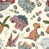 Color Illustration_2_of A Seamless Pattern Of Little Dinosaurs And Trees, Plants, Rocks, For Registration Of A Design In Doodle Stock Photography