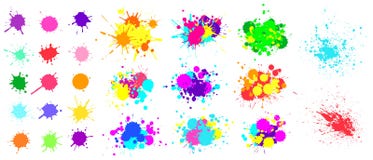 Color paint splatter. Spray paint blot element. Colorful ink stains mess. Watercolor spots in raw, splashes