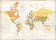 Color retro del mapa del mundo político con los lagos y los ríos stock de ilustración Color retro del mapa del mundo político con los lagos y los ríos stock de ilustración