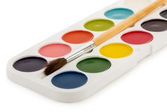 Colored paints box with brush Royalty Free Stock Photography Colored paints box with brush Royalty Free Stock Photography