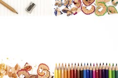 Colored pencils with their shavings stock photo Colored pencils with their shavings stock photo