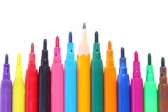 Colored Pens With A Standout Pencil Stock Photos