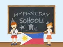 Colored smiling children, boy and girl, holding a national Philippines flag behind a school board illustration. Vector cartoon ill vector illustration Colored smiling children, boy and girl, holding a national Philippines flag behind a school board illustration. Vector cartoon ill vector illustration