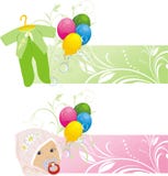 Colorful Balloons And Baby Suits. Two Banners Royalty Free Stock Images