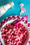 Colorful bowl cereal with cute flamingo royalty free stock photo Colorful bowl cereal with cute flamingo royalty free stock photo
