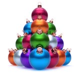 Colorful Christmas balls pyramid arranged. Happy New Year baubles. Group decoration multicolored. Merry Xmas greeting card template. 3d illustration royalty free illustration Colorful Christmas balls pyramid arranged. Happy New Year baubles. Group decoration multicolored. Merry Xmas greeting card template. 3d illustration royalty free illustration
