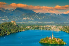 Colorful Clouds And Bled Lake Panorama,Slovenia,Europe Royalty Free Stock Photos Colorful Clouds And Bled Lake Panorama,Slovenia,Europe Royalty Free Stock Photos