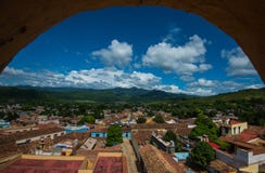 Colorful Colonial Caribbean city overview with classic building and mountain and sky, Trinidad, Cuba, America. royalty free stock images Colorful Colonial Caribbean city overview with classic building and mountain and sky, Trinidad, Cuba, America. royalty free stock images