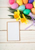 Colorful Easter Eggs and Daffodil Flowers still life on Rustic White Board Background with blank menu card