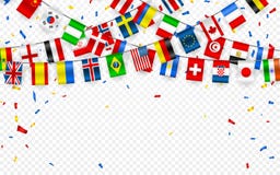 Colorful flags garland of different countries of the europe and world with confetti. Festive garlands of the international pennant