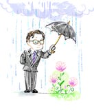 Cartoon doodle of a man in suit and glasses holding umbrella to protect flowers from the stormy weather Stock Image Cartoon doodle of a man in suit and glasses holding umbrella to protect flowers from the stormy weather Stock Image