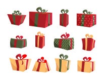 Colorful Gift Box Collections. Set of present boxes flat vector. Happy birthday. Merry Christmas. Gifts with bows and vector illustration Colorful Gift Box Collections. Set of present boxes flat vector. Happy birthday. Merry Christmas. Gifts with bows and vector illustration