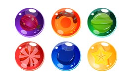 Colorful glossy balls set, shiny spheres with candies, fruits and berries inside, user interface assets for mobile apps royalty free illustration Colorful glossy balls set, shiny spheres with candies, fruits and berries inside, user interface assets for mobile apps royalty free illustration