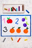 hand drawing. Numbers: one apple, two plums, and three oranges royalty free stock photos hand drawing. Numbers: one apple, two plums, and three oranges royalty free stock photos