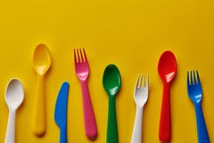 Download Colorful Kids Plastic Spoons On Yellow Background Many Utensils Stock Image Image Of Table Plastic 141418775 Yellowimages Mockups