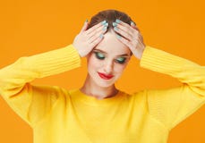 Colorful makeup woman red lips in yellow clothes on color happy summer fashion background manicured nails stock photos Colorful makeup woman red lips in yellow clothes on color happy summer fashion background manicured nails stock photos