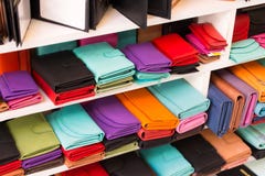 Colorful new leather wallet on crafts market in Chania, Crete, Greece. stock photo Colorful new leather wallet on crafts market in Chania, Crete, Greece. stock photo