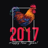 Colorful 2017 New Year greeting card with rooster. Symbol of the year, vector illustration on white background. New Year greeting card design for 2017, the royalty free illustration Colorful 2017 New Year greeting card with rooster. Symbol of the year, vector illustration on white background. New Year greeting card design for 2017, the royalty free illustration