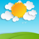 Colorful paper cut fluffy clouds and sun in the blue sky Stock Image Colorful paper cut fluffy clouds and sun in the blue sky Stock Image