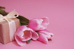Colorful pink, fucsia Valentines Day background. Pink tulip flowers bouquet with gift box, on pink background. Spring time, copy royalty free stock image Colorful pink, fucsia Valentines Day background. Pink tulip flowers bouquet with gift box, on pink background. Spring time, copy royalty free stock image
