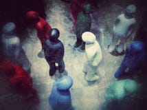 Colorful Plastic Figurines Watching Up, Crowd And Audience Concept Vintage Style. Stock Photos Colorful Plastic Figurines Watching Up, Crowd And Audience Concept Vintage Style. Stock Photos