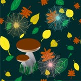Colorful seamless background of white mushrooms in the forest, leaves, cobwebs ,cover design template for fabric presentation, vector illustration Colorful seamless background of white mushrooms in the forest, leaves, cobwebs ,cover design template for fabric presentation, vector illustration