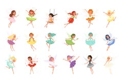 Colorful set of fairies in flying action. Little creatures with colorful hair and wings. Mythical fairy tale characters