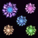 Colorful Set Firework On Black Background. Night Sky With Salute Stock Photo