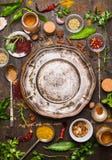 Colorful spices and herbs with spoon around empty vintage metal plate on rustic wooden background Royalty Free Stock Photos Colorful spices and herbs with spoon around empty vintage metal plate on rustic wooden background Royalty Free Stock Photos