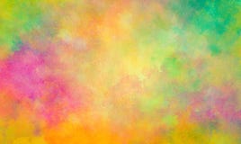 Colorful watercolor background of abstract sunset or Easter sunrise sky with puffy color splash clouds in bright painted colors of