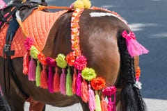 Colorfully gekleed paard voor lopende kleine kinderen royalty-vrije stock afbeeldingen Colorfully gekleed paard voor lopende kleine kinderen royalty-vrije stock afbeeldingen