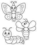 Cute set of funny insects, vector black and white illustrations butterfly, bee and caterpillar for children`s coloring or creativi