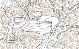 Coloring Animal Book Page For Adults. Funny Cat Sleeping On The Tree Royalty Free Stock Photo