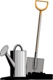 Colour picture a shovel near watering can vector illustration Colour picture a shovel near watering can vector illustration