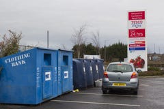 Colourful steel clothing banks for charities located in the local Tesco Extra car park at Newtownards County Down Northern Ireland stock image Colourful steel clothing banks for charities located in the local Tesco Extra car park at Newtownards County Down Northern Ireland stock image