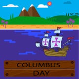 Columbus Day met land en schip in Oceaan vlak Vector vector illustratie Columbus Day met land en schip in Oceaan vlak Vector vector illustratie