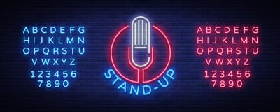 Comedy Show Stand Up invitation is a neon sign. Logo, Emblem Bright flyer, light poster, neon banner, night commercials royalty free illustration Comedy Show Stand Up invitation is a neon sign. Logo, Emblem Bright flyer, light poster, neon banner, night commercials royalty free illustration