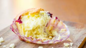 Comendo um queque do limão com tempo-lapso das cerejas Comendo um queque do limão com tempo-lapso das cerejas