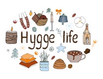 Comfortabele vectorillustratie hygge elementen stock illustratie Comfortabele vectorillustratie hygge elementen stock illustratie