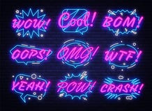 Comic Bubbles Set in neon style. Expressions Cool, Oops, Wow, Omg, Crash, Yeah and other. Collection neon signs Pop Art