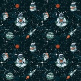 Comic space with stars, funny astronauts and spaceships seamless pattern vector illustration Comic space with stars, funny astronauts and spaceships seamless pattern vector illustration