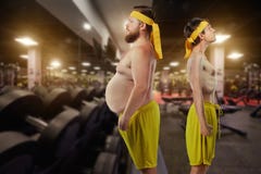 Comical freak funny fat and thin mans in gym Royalty Free Stock Image Comical freak funny fat and thin mans in gym Royalty Free Stock Image