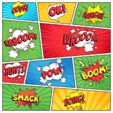 Comics page. Comic book grid frame, funny oops bam smack text speech bubbles on color stripes background vector layout