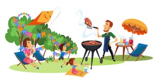 Comida campestre de la familia en el cartel de la yarda ilustración del vector Comida campestre de la familia en el cartel de la yarda ilustración del vector
